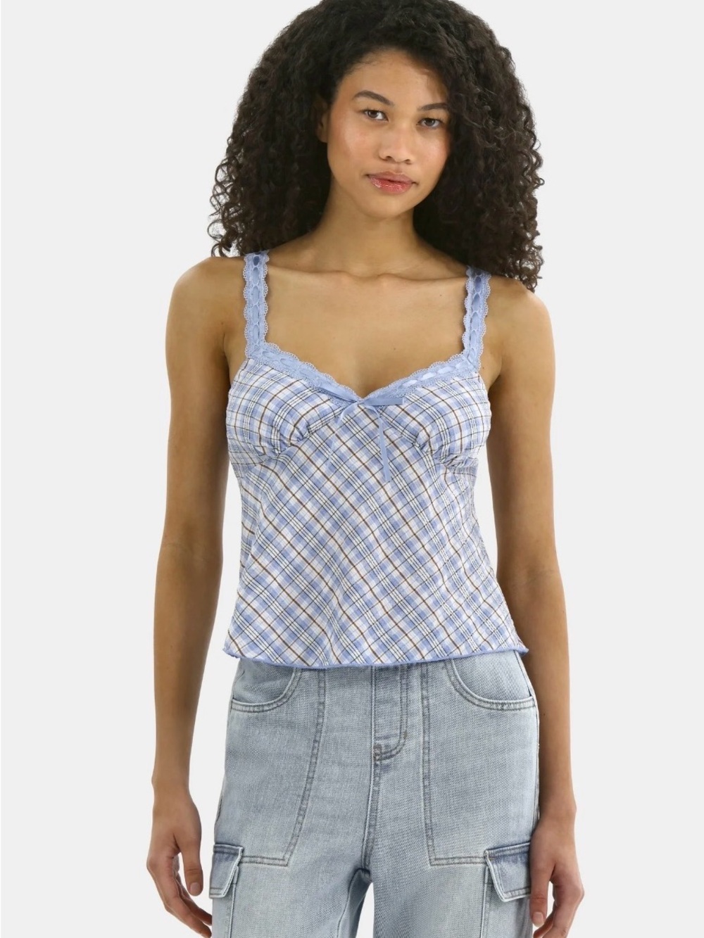 Blue Plaid Lace-Trim Women’s Tank Top